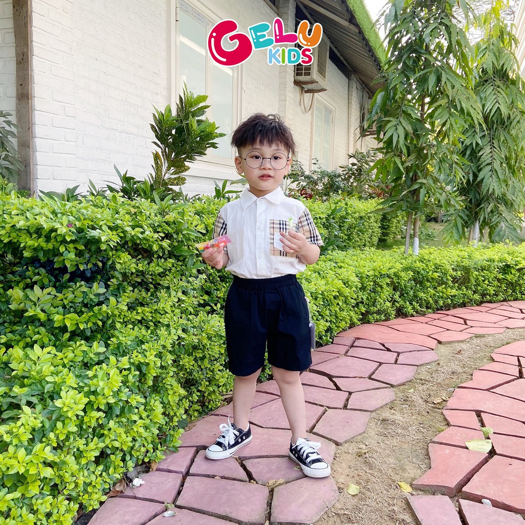 Bộ sơ mi ngắn tay cho bé kaki kẻ caro GELU phong cách Hàn Quốc - GELU Kids GLQA05