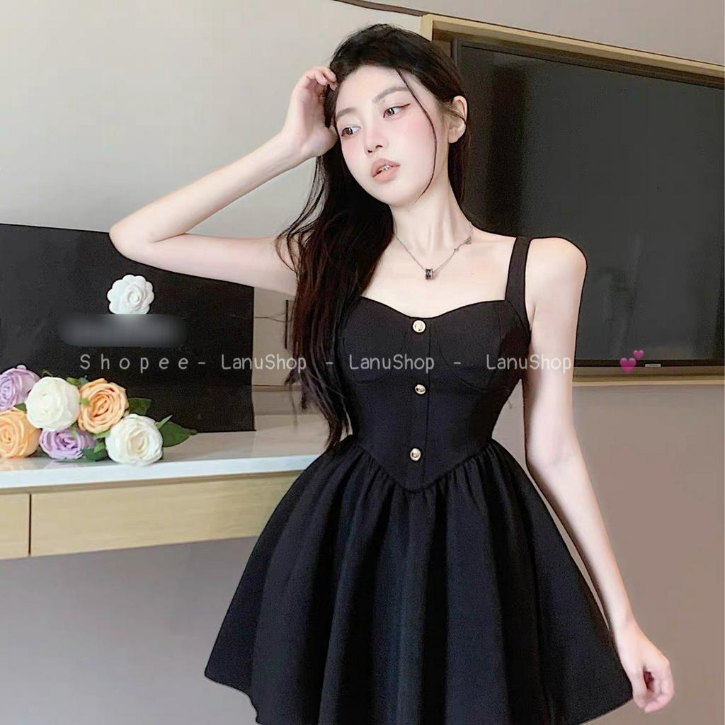[Sẵn] Váy đen 2 dây siêu xoè tôn eo, Đầm dự tiệc đen đính cúc sang chảnh LanuShop