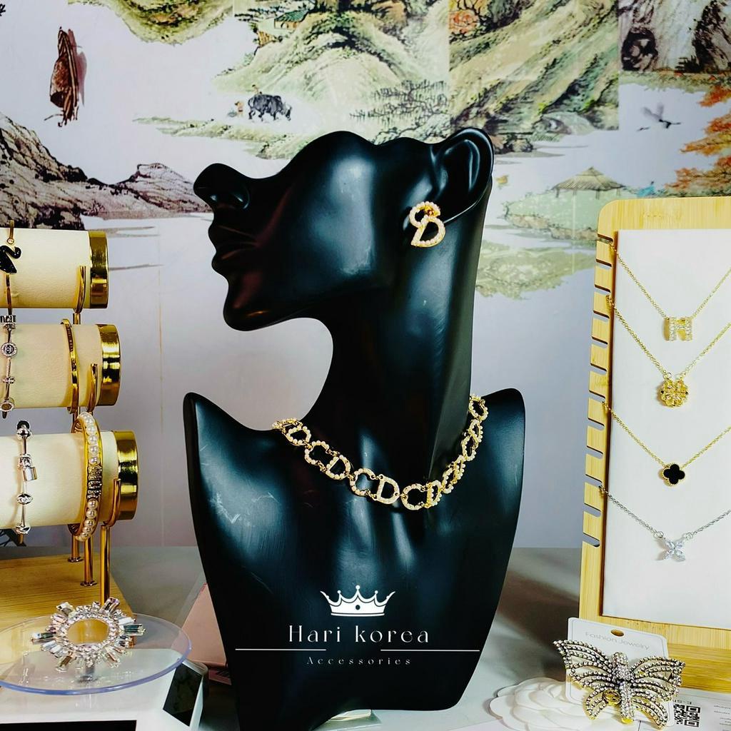 Sét trang sức CD ngọc nhỏ, Dây chuyền và bông tai thời trang, vòng cổ ngọc cao cấp hari korea accessories