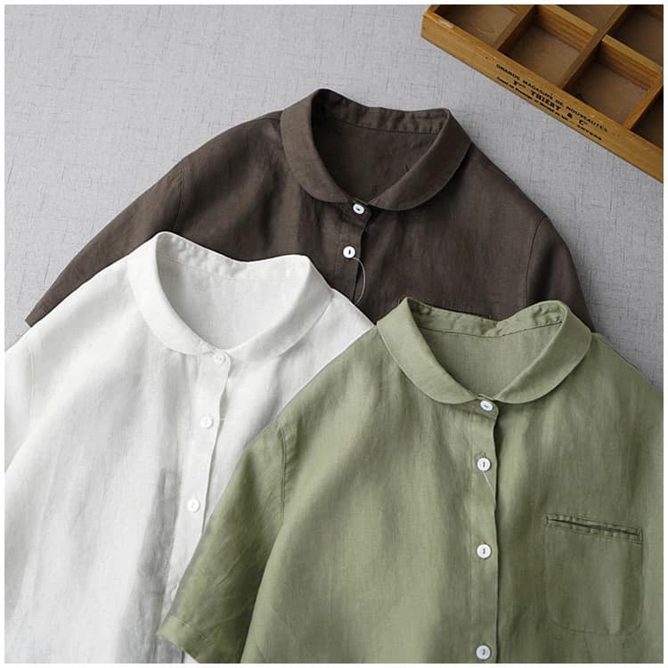 Áo Sơ Mi Nữ Tay Ngắn Form Rộng Cổ Sen Có Túi Trước Ngực Chất Liệu Linen Thoáng Mát
