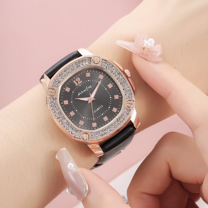 Đồng hồ quartz mặt vuông đính đá với dây đeo hợp thời trang