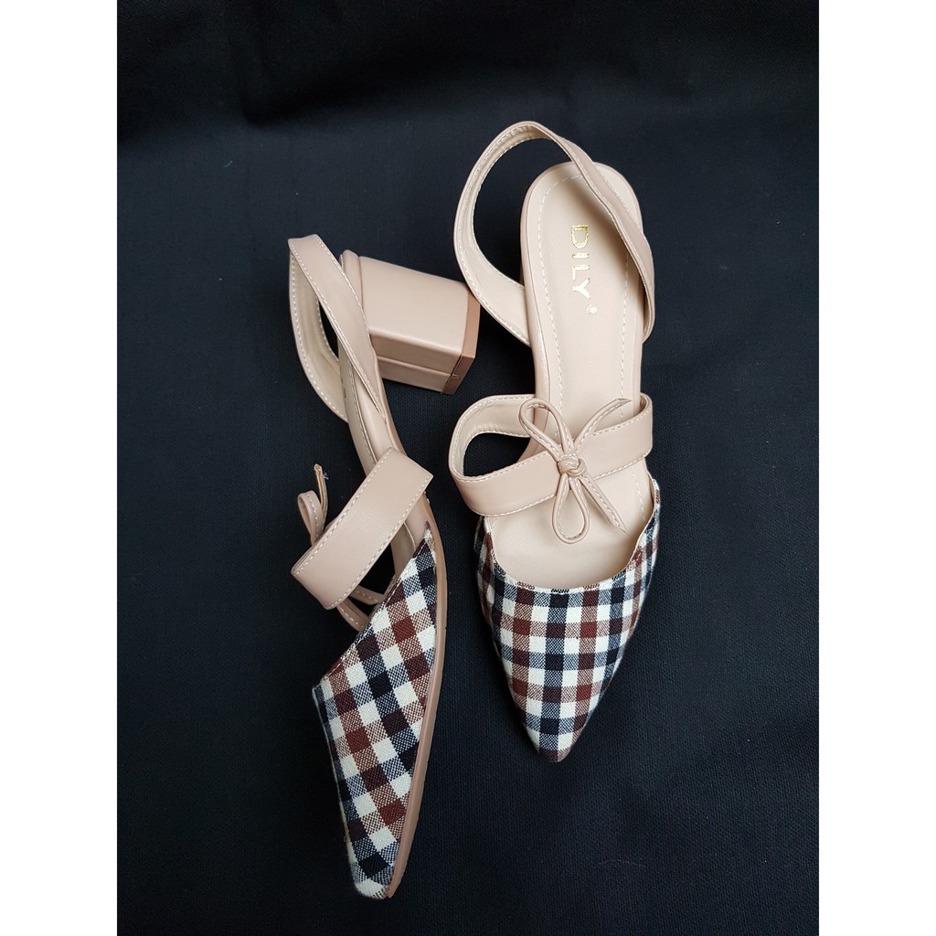 (Ảnh thật) Giày cao gót nữ đẹp gót vuông 6cm màu caro nâu, thắt nơ kiểu cách Dily chính hãng