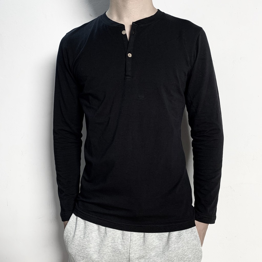 Áo thun dài tay henley nam - cổ trụ chất liệu cotton co giãn 4 chiều - màu : Trắng - Đen - Ghi - Giiesel | BigBuy360 - bigbuy360.vn