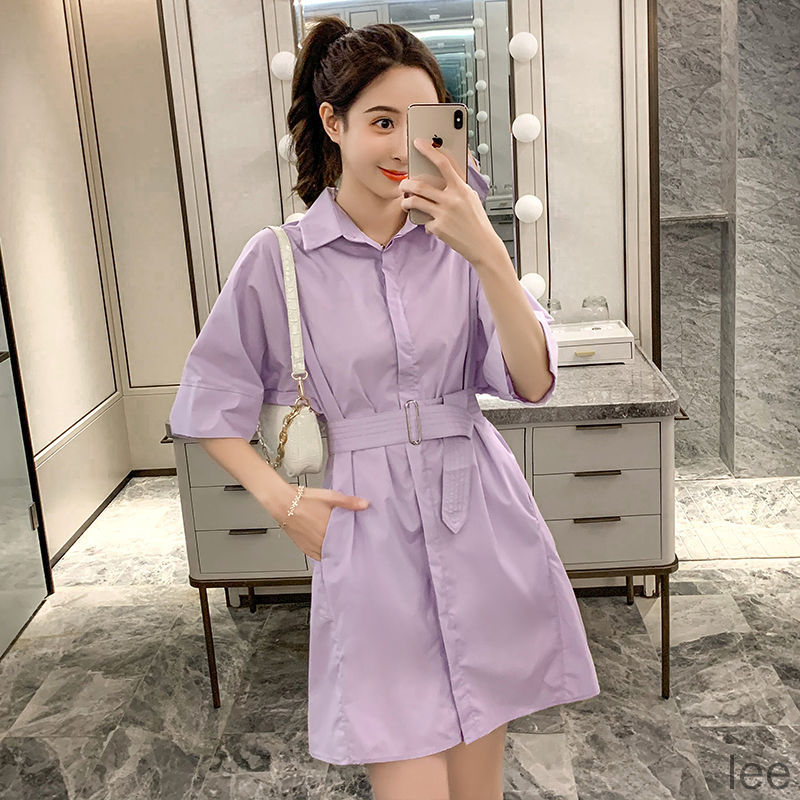 Đầm Sơ Mi Tay Ngắn Thắt Eo Thời Trang Cho Nữ