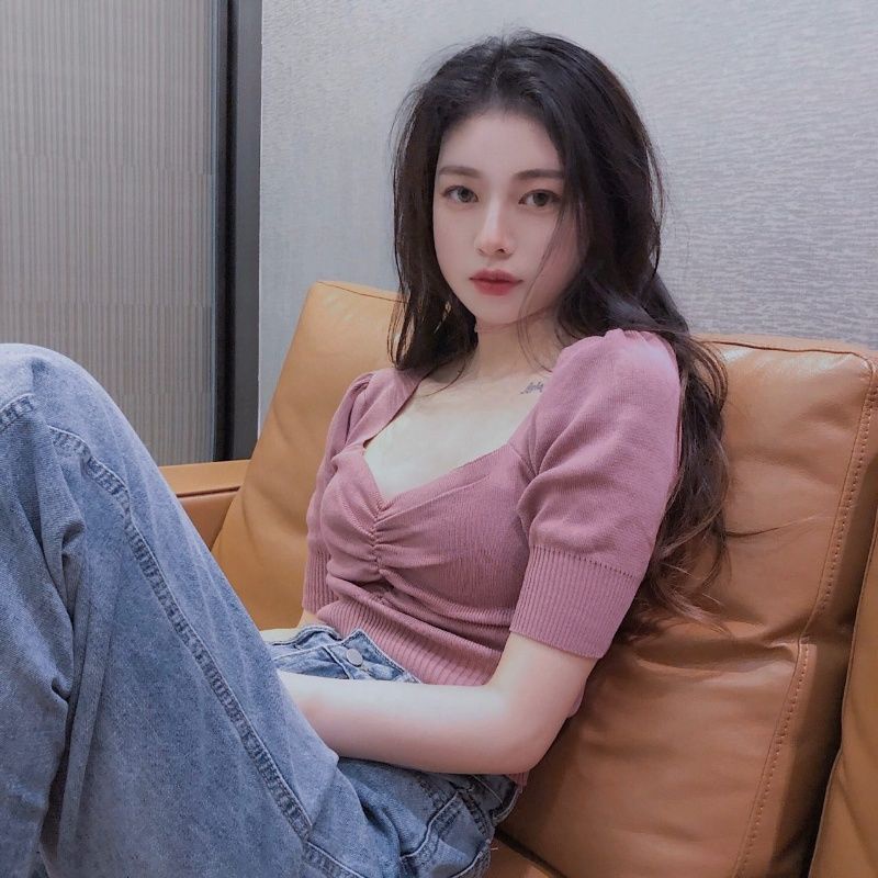 Áo Sweater Tay Phồng Cổ Chữ V Phong Cách Hàn Quốc Thời Trang Mùa Hè Mới 2022