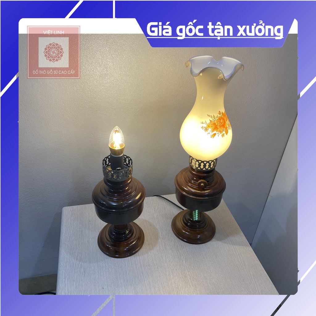 (CAO CẤP GỖ GỤ 100%) Đèn Thờ Gỗ Gụ Chụp Sứ