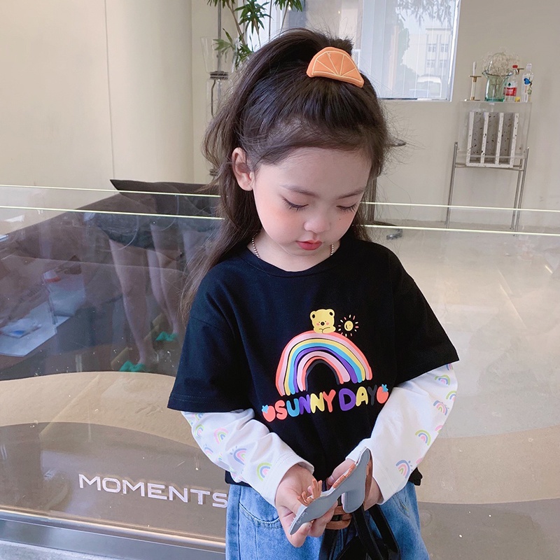 Áo thun tay dài cổ tròn in họa tiết hoạt hình dễ thương giả hai lớp dành cho trẻ em