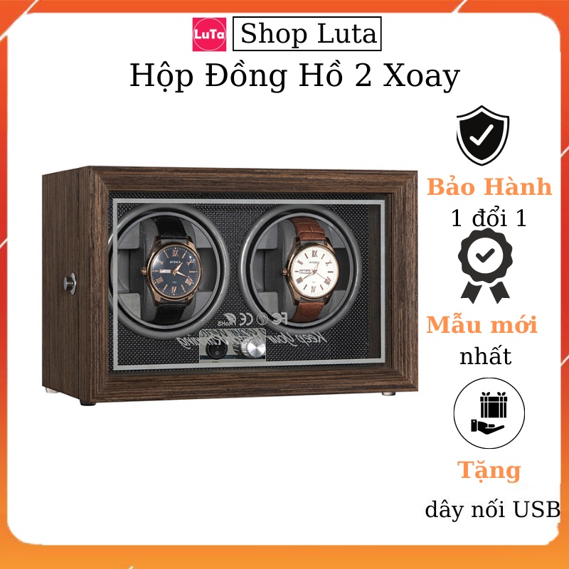 Hộp Xoay Đồng Hồ Cơ Vỏ Gỗ 2 Ngăn, Lắc Automatic Tự Động Cao Cấp