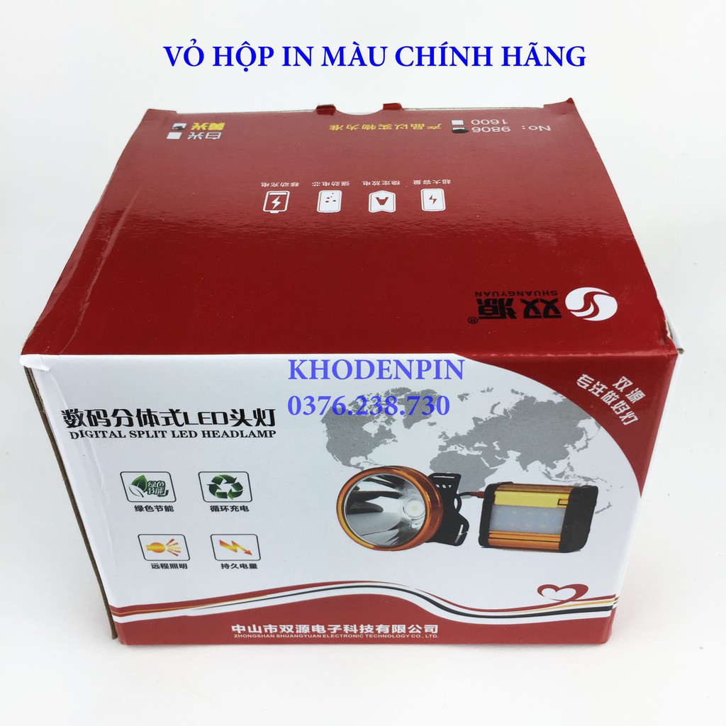 Đèn pin đội đầu siêu sáng led 9806 200W, ắc quy ( acquy ) khủng 16000 Mah kiêm pin sạc dự phòng ánh sáng trắng hoặc vàng