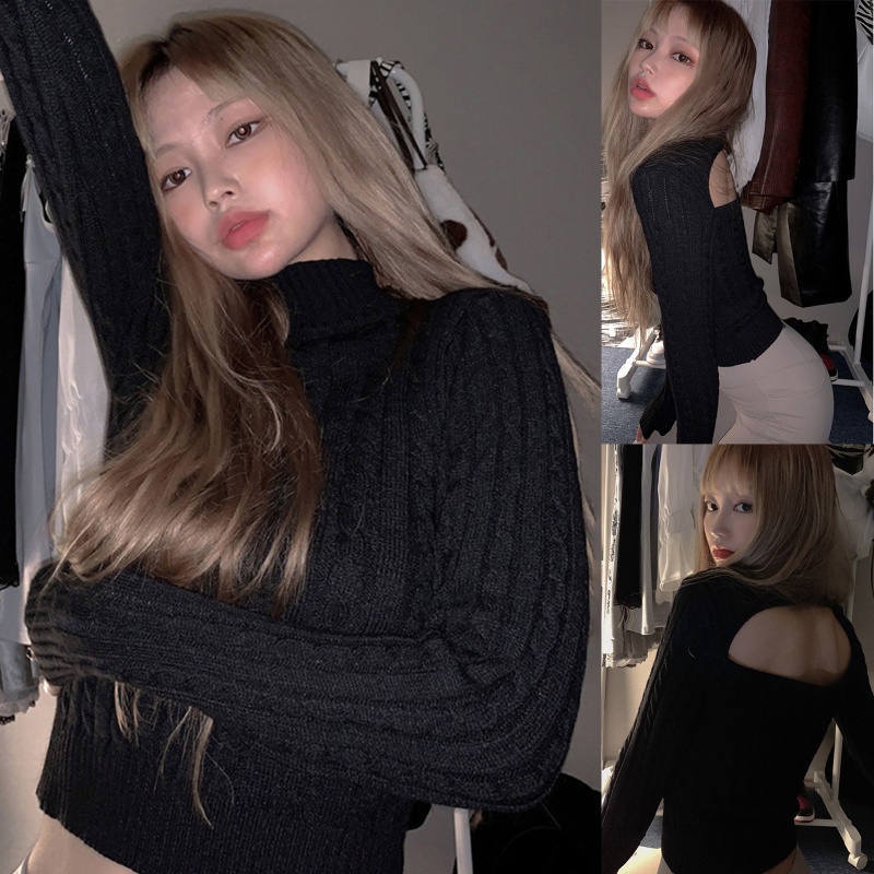 Áo Croptop Dệt Kim Tay Dài Cổ Lọ Phối Khóa Kéo Trước Màu Trơn Phong Cách Harajuku Quyến Rũ Cho Nữ