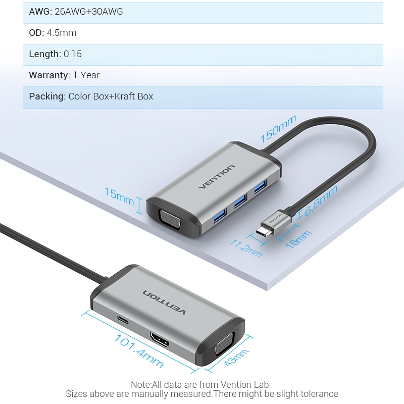 HUB VENTION Cổng USB Type-C sang Cổng Kết Nối HDMI/VGA/USB 3.0*3/PD Cho Laptop PC