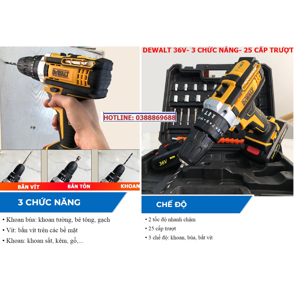 Máy khoan pin 36V 3 chức năng - Tặng bộ phụ kiện 24 chi tiết, Lõi đồng, Máy bắn vít cầm tay