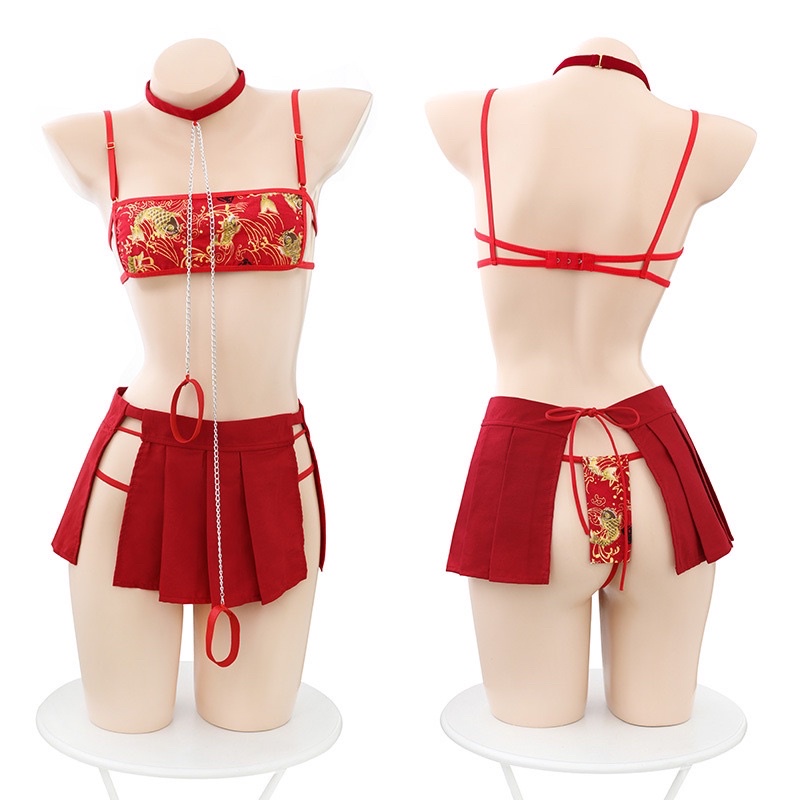 FM7987 - Set Đồ Nội Y thêu Hoa Kèm Váy Trung Hoa Nhiều Phụ Kiện Gợi Cảm Sexy
