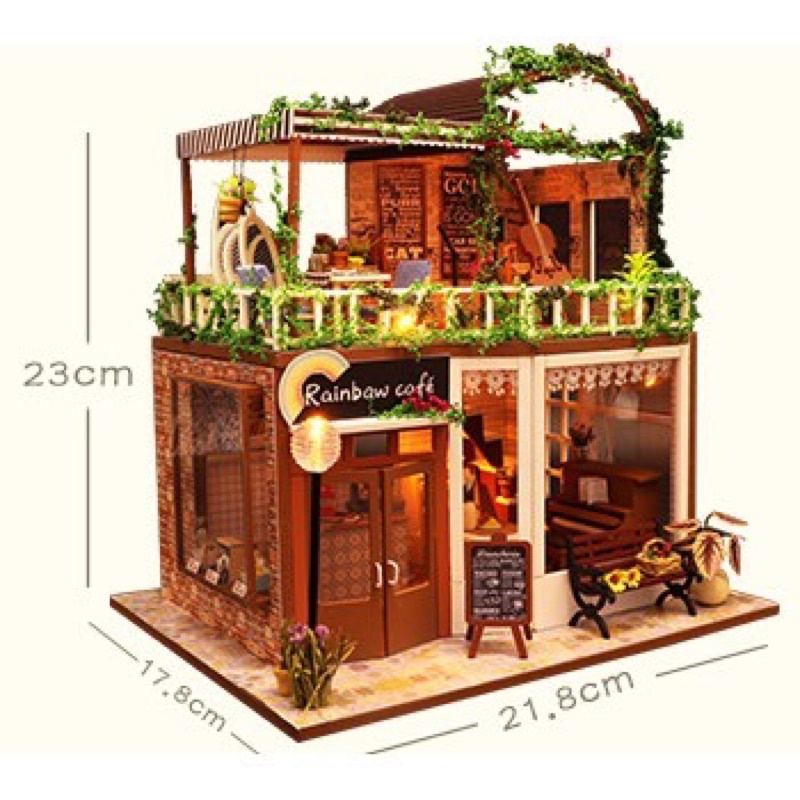 (Tặng mica,keo sữa,đèn)Nhà búp bê bé tự lắp ráp đô chơi Mô hình gỗ diy doll house tiệm cafe M906