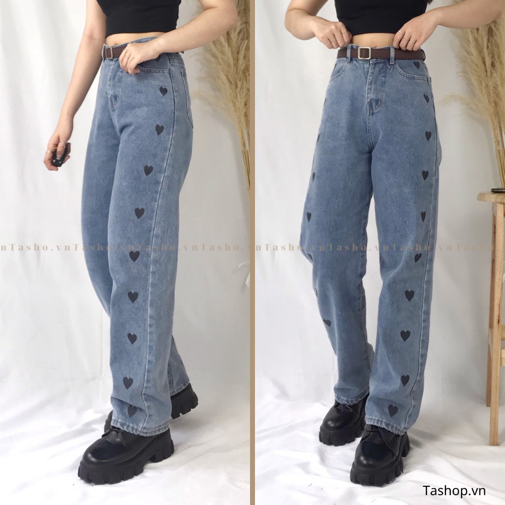 Quần Jean Nữ Ống Đứng Suông Rộng Hoạ Tiết TRÁI TIM Dài 98CM - 525