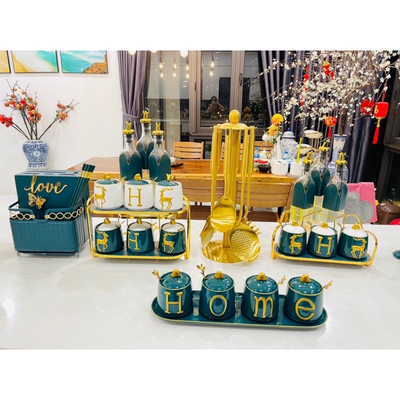 Bộ gia vị nhà bếp sứ sương viền vàng hình hươu - Hũ gia vị đẹp - Decor bếp