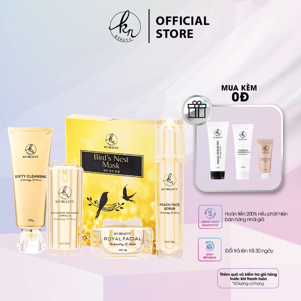 Bộ 5 sản Royal KN Beauty: Gel tẩy tế bào chết +sữa rửa mặt +tinh chất dưỡng + kem dưỡng+mặt nạ tặng set mini