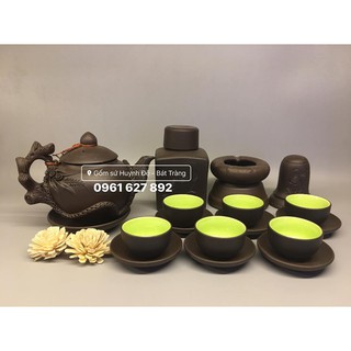 Bộ ấm trà gốm đắp nổi hoa lan và phụ kiện
