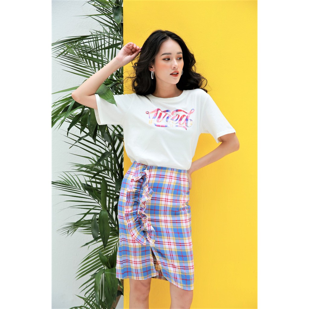 [Mã FASHIONIFU200 giảm 0.4 đơn 449k] Chân váy ôm kẻ phối nơ xếp IFU 2474 xanh đỏ | BigBuy360 - bigbuy360.vn