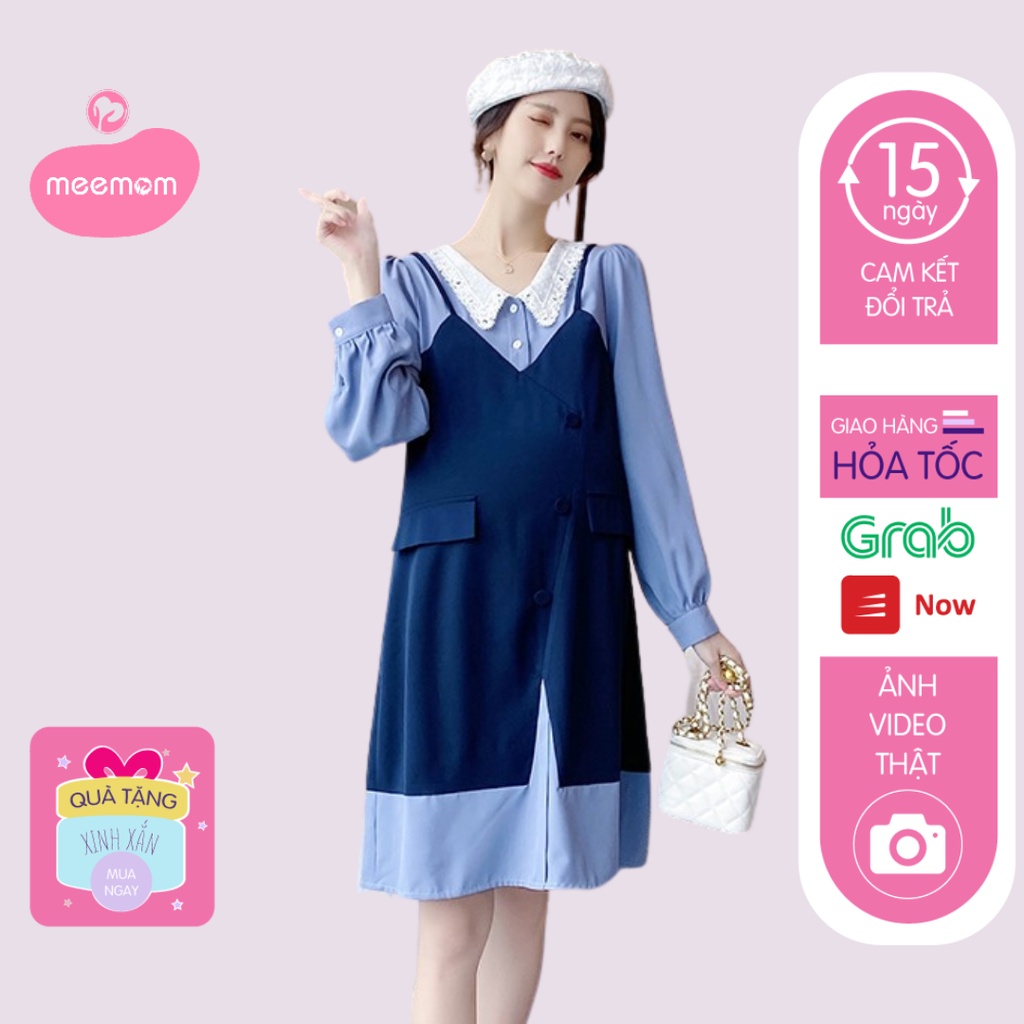 Váy bầu công sở - Đầm yếm bầu màu xanh cổ ren dáng suông có size HD13 - Meemom