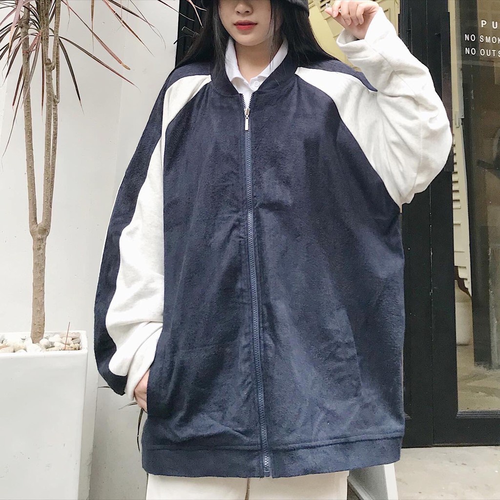 Áo Khoác Jacket Nữ Chất Nhung Dày Dặn Áo khoác Phối Tay Viền Trắng Form Rộng Phong Cách Cá Tính TION 1745