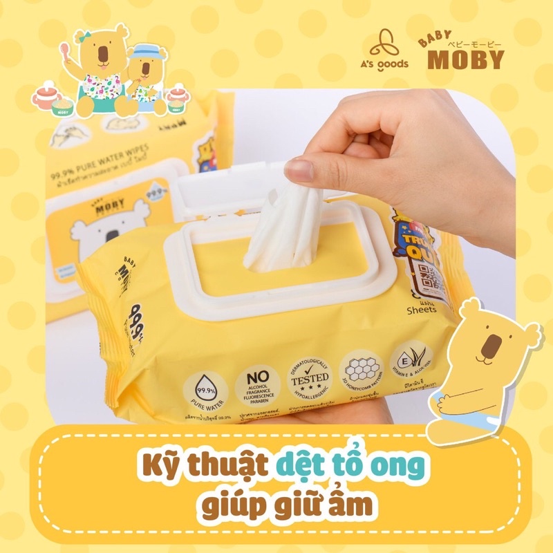 KHĂN GIẤY ƯỚT MOBY BỊCH 80 TỜ-KHÔNG MÀU,KHÔNG MÙI,KHÔNG CHẤT BẢO QUẢN