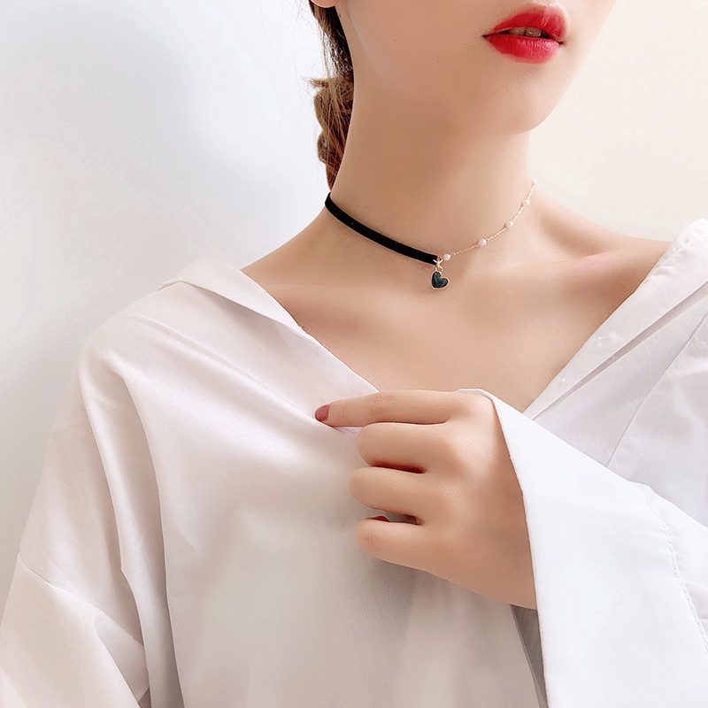Vòng Cổ Choker Mặt Trái Tim Đính Ngọc Trai Nhân Tạo Phong Cách Vintage