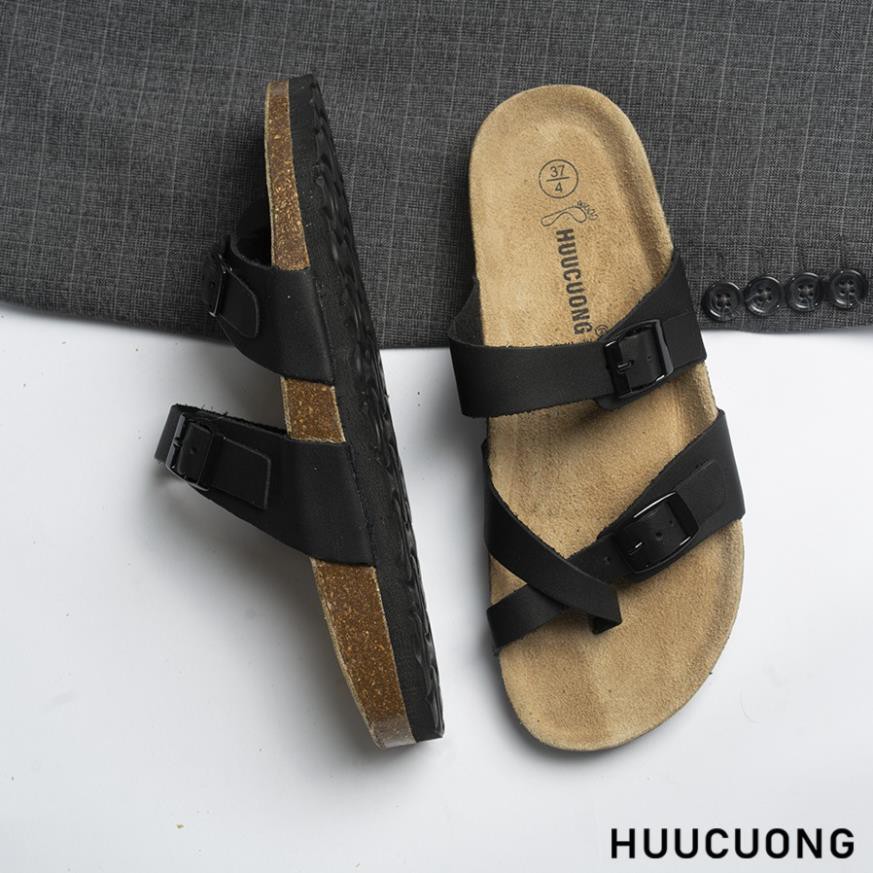 Dép unisex Xỏ Ngón HUUCUONG Quai Da Thật Màu Đen Đế Trấu