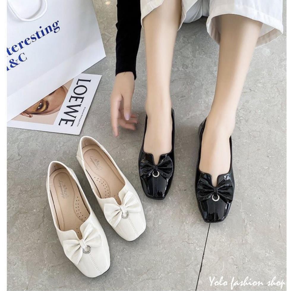 Giày bệt búp bê nữ mũi vuông da bóng đính nơ xinh xắn da mềm êm chân - B23