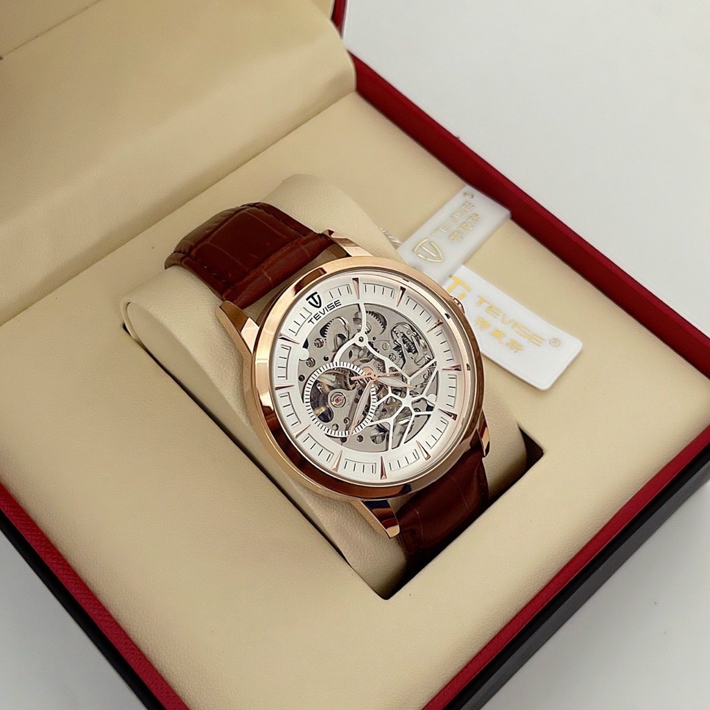 Đồng hồ cơ nam TEVISE T869  dây da - Đồng hồ cơ automatic lộ máy chạy 5 kim đẹp - Bảo hành 2 năm