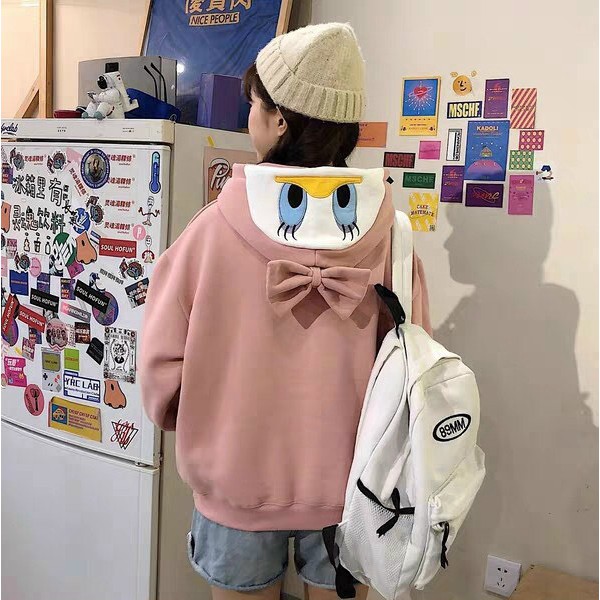 ÁO HOODIE NÓN CHUI TRÙM ĐẦU NỮ MÀU TRẮNG VẢI NỈ POLY VỊT DAISY DUCK