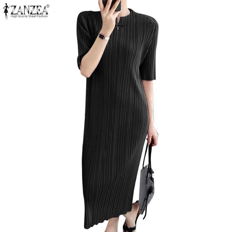 Đầm dài ZANZEA cổ chữ V tay lửng xếp ly màu trơn thời trang công sở nữ tính