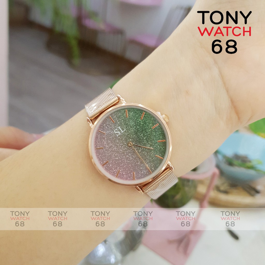 Đồng hồ nữ SL dây kim loại vàng hồng mặt nhũ 2 màu độc đáo chống nước chính hãng Tony Watch 68