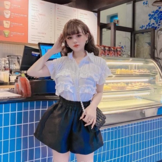 Áo sơmi trắng nhún bèo tầng ngắn tay đính ngọc xinh xẻo xa hoa A116 Nội Y Xanh hàng đẹp trendy - nội y xanh