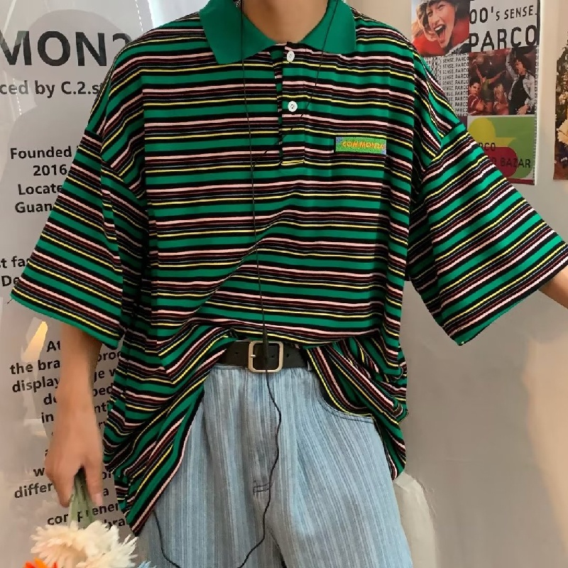 Áo Thun polo Tay Ngắn Dáng Rộng Thoáng Khí In Họa Tiết Kẻ Sọc Phong Cách hip hop Thời Trang Mùa Hè Cho Nam