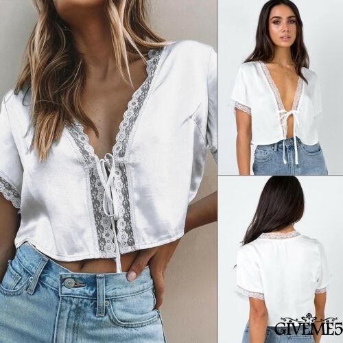 Áo ngắn thắt dây phối ren quyến rũ cho nữ