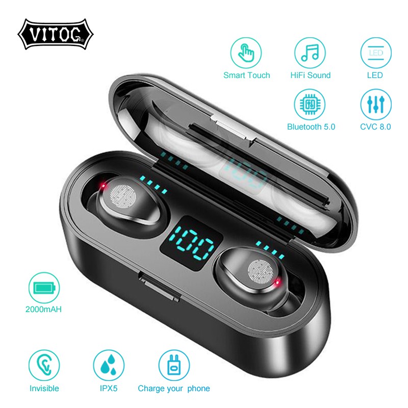 Tai nghe không dây Vitog F9 Bluetooth màn hình hiển thị LED TWS tích hợp hộp sạc 2000mAh