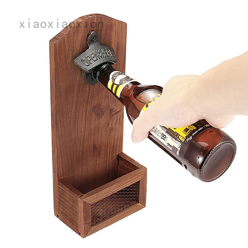 Dụng cụ khui nắp chai bia bằng gỗ gắn tường kèm nắp kim loại phong cách cổ điển