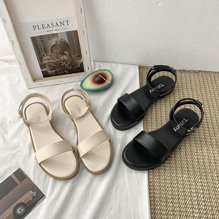 Sandal bệt nữ, Dép bệt nữ quai ngang bản vừa, 2 màu kem + đen - Hàng Quảng Châu