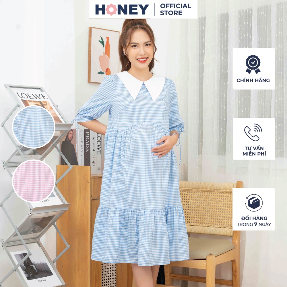 Váy, đầm bầu thiết kế công sở kiểu dáng babydoll tay lỡ cổ sơ mi - Thời trang đầm bầu cao cấp HONEY