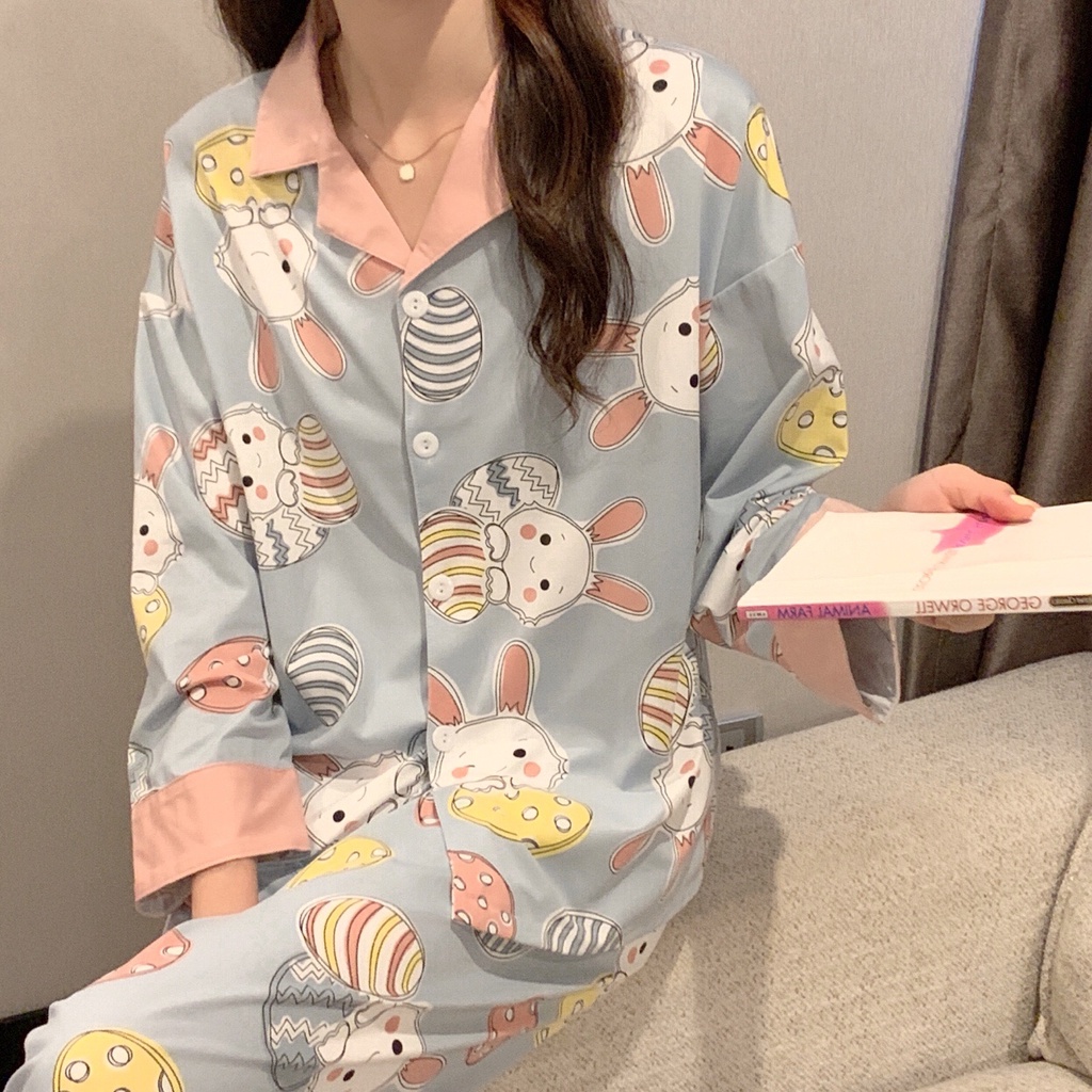 Bộ đồ ngủ cotton tay dài thời trang Hàn Quốc cho nữ