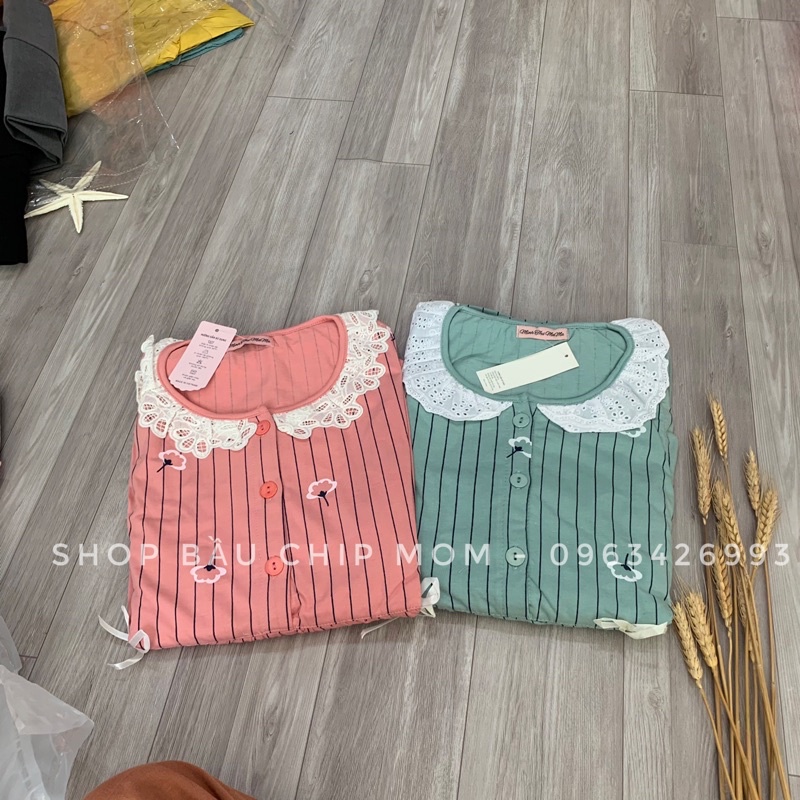 Bộ bầu và sau sinh dài tay, cổ ren bèo chất cotton đẹp mềm, kiểu dáng kẻ sọc cực xinh và trẻ trung BD46