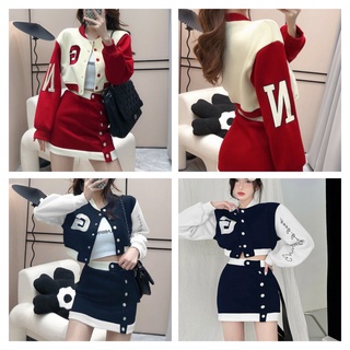 ( GIẢM 50% ) Set Đồ Nữ Kiểu Đồng Phục Bóng Chày Aó Lửng Croptop Thêu Chữ G Phối Chân Váy Mẫu Mã Mới Phong Cách HotGirl B