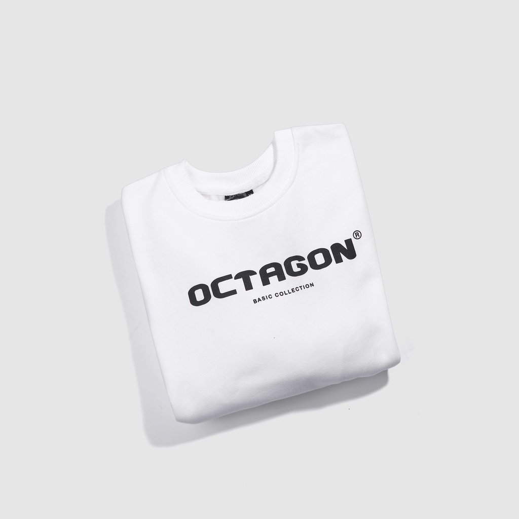 Áo Sweater Nỉ Bông Cổ Tròn Basic OCTAGON Màu Trắng Form Rộng Phong Cách Năng Động SS01