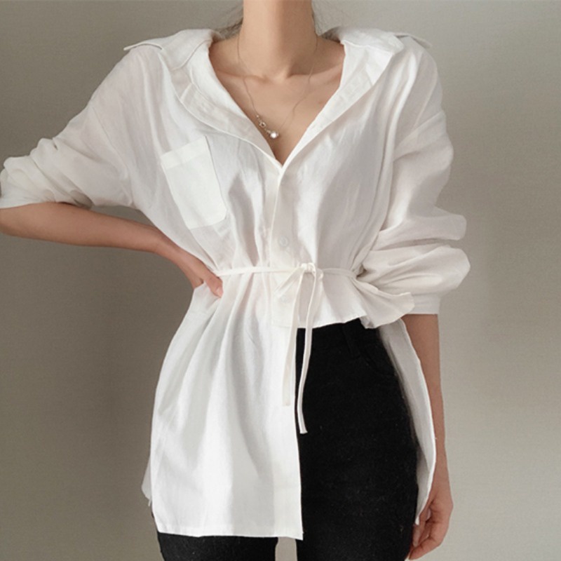 Áo Sơ Mi Trắng Nữ Form Rộng Kiểu Khoét Eo Dây Buộc Eo Tôn Dáng