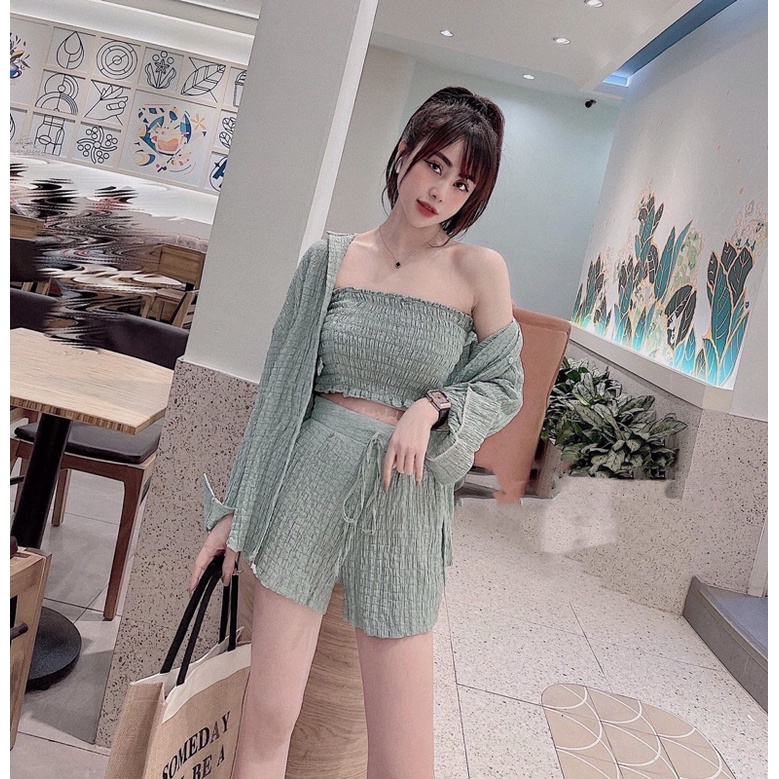 Sét 3 món áo ống + quần short kèm áo sơ mi hot trend