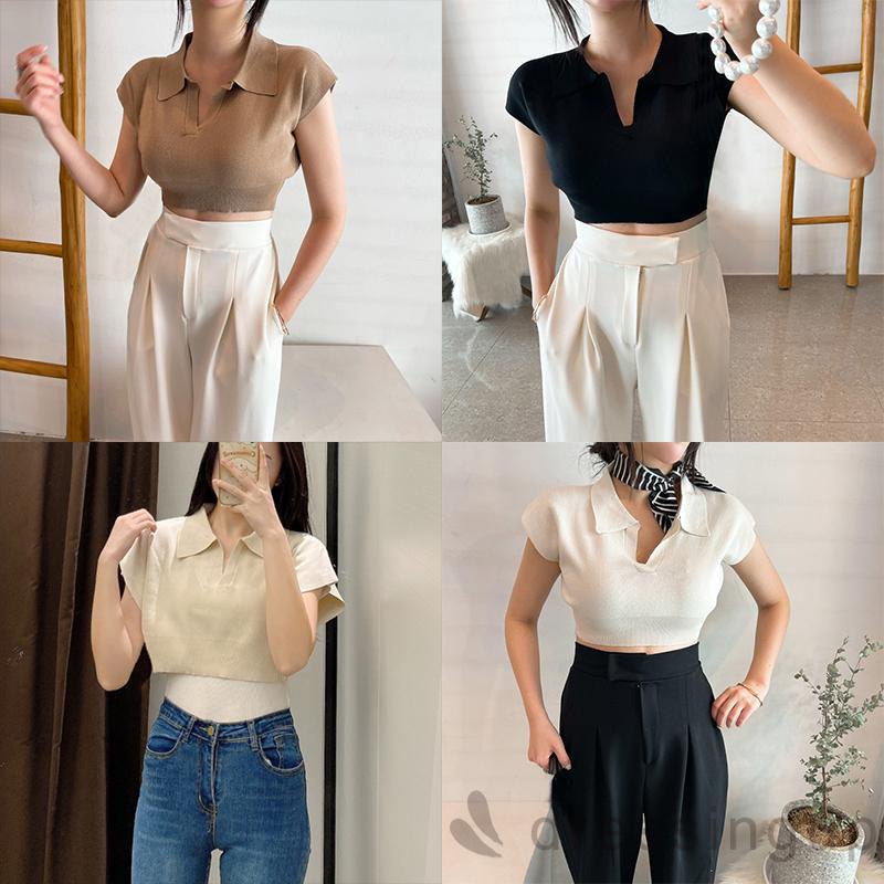 Áo Dệt Kim Tay Ngắn Cổ Chữ V Màu Sắc Đơn Giản Cho Nữ