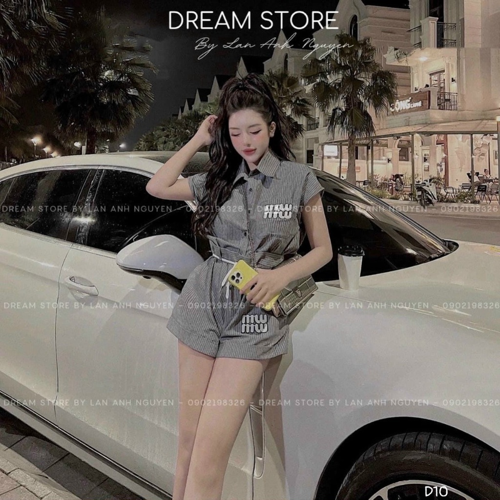 Set áo và quần đi chơi với quần short kèm áo kiểu nữ form rộng cổ sơ mi ngắn tay có khuy