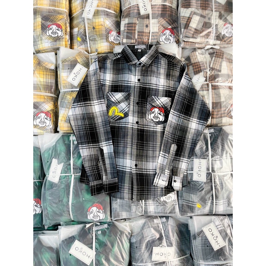 Áo sơ mi nam vãi karo nỉ tay dài in chữ hiệu evi.su mẫu mới giá rẻ vải mặc mát cao cấp NEWSHOP0026