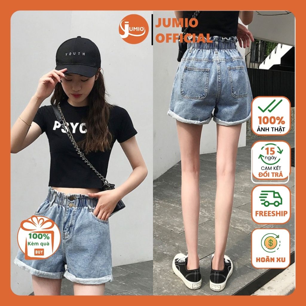 Quần đùi jean nữ ống rộng cạp cao cá tính, quần short bò nữ chun gập gấu JUMIO